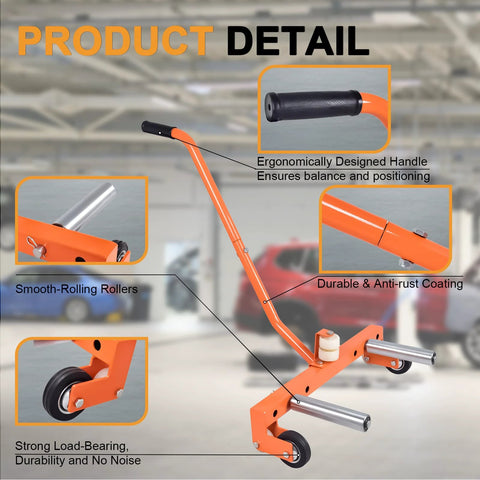 Heavy-Duty Adjustable Tire Wheel Dolly for Workshop, Garage, Orange showing ergonomic handle and smooth-rolling wheels