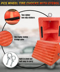 Premium 4 Pack Heavy Duty Wheel Chocks With Eyebolt For Travel Trailers Campers Trucks Cars And ATVs All Weather Durable Rubber Block And Polyfoam Construction Orange, showing two rubber non-slip stickers and steel eyebolt.
