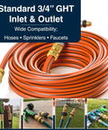Heavy Duty Brass Hose Quick Connect Set With No Drip Rubber Washers For Three Quarter Inch Fittings Universal Quick Release Water Hose Adapters For Outdoor Use displayed with a coiled orange hose and various connections.