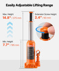 6 Ton Hydraulic Bottle Jack For Cars Trucks SUVs With 7.7 To 14.8 Inch Lifting Range Heavy Duty Welded Body Orange, close-up of adjustment.