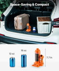 6 Ton Hydraulic Bottle Jack For Cars Trucks SUVs With 7.7 To 14.8 Inch Lifting Range Heavy Duty Welded Body Orange shown in SUV trunk