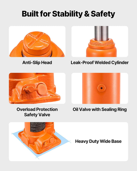 Close-up of 6 Ton Hydraulic Bottle Jack for Cars Trucks SUVs with 7.7 to 14.8 Inch Lifting Range, anti-slip head, welded body.