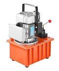 10000 PSI 750W 110V 488 in³/8L Capacity, Double Acting Manual Valve, Electric Driven Hydraulic Pump Power Pack Unit with Lever Switch for Punching/Bending/Jack Machines, Orange, side view showing lever and tank.