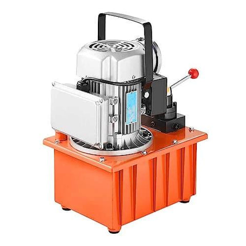 10000 PSI 750W 110V 488 in³/8L Capacity, Double Acting Manual Valve, Electric Driven Hydraulic Pump Power Pack Unit with Lever Switch for Punching/Bending/Jack Machines, Orange, side view showing lever and tank.