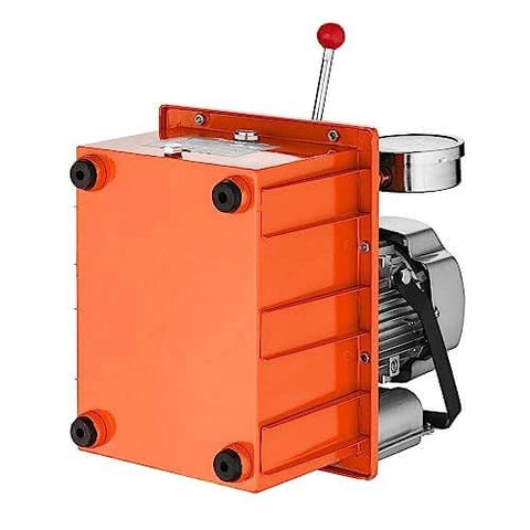 Side view of 10000 PSI 750W 110V 488 in³/8L Capacity, Double Acting Manual Valve, Electric Driven Hydraulic Pump Power Pack Unit with Lever Switch, Orange.