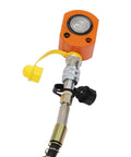 Close-up of CP-700 Hydraulic Manual Pump connector, shown with steel body and fittings for industry construction use