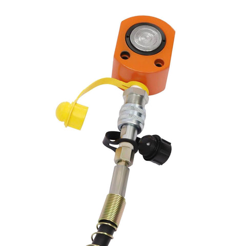 Close-up of CP-700 Hydraulic Manual Pump connector, shown with steel body and fittings for industry construction use