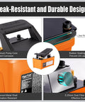 VigorTrek Air Hydraulic Pump, 10,000 PSI, NPT 3/8" Outlet, 1/4" Inlet, features close-up parts including foot pedal, seal ring, mesh filter, orange.