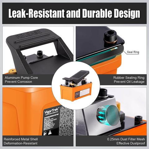 VigorTrek Air Hydraulic Pump, 10,000 PSI, NPT 3/8" Outlet, 1/4" Inlet, features close-up parts including foot pedal, seal ring, mesh filter, orange.