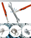 Extendable Magnetic Pick-Up Tool Telescoping Magnet Stick retrieving metal objects in garages, workshops, and automotive spaces.