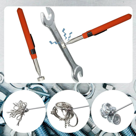 Extendable Magnetic Pick-Up Tool Telescoping Magnet Stick retrieving metal objects in garages, workshops, and automotive spaces.