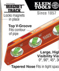 8 Inch Billet Magnetic Torpedo Level With V Groove For Precise 0 30 45 90 Degree Readings Tapered Nose High Visibility Orange Body And Secure Magnet Track For Hands Free Alignment On Metal Surfaces, side and front view with vials