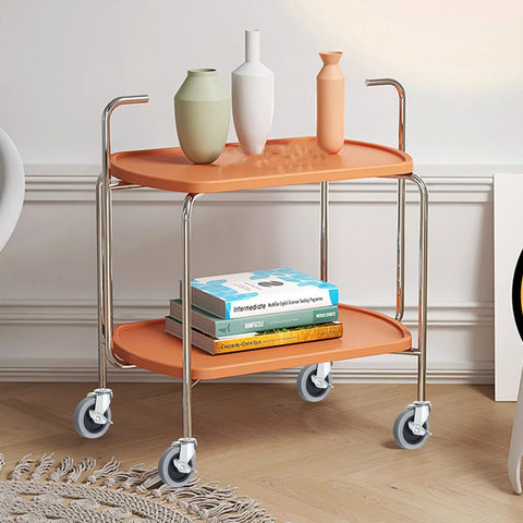 Serving cart with two orange trays on 4 Inch Heavy Duty Swivel Casters With Threaded Stem M8 1.25 X 25mm Locking Castors Set Of 4 For Furniture Workbenches And Carts Non Marking Soft TPR And PVC Wheels Smooth Quiet Roll 360 Degree Rotation Side Brake.
