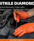 Hands wearing 8 Mil Nitrile Powder Free Gloves Diamond Textured Heavy Duty Orange 100Pcs working on car engine