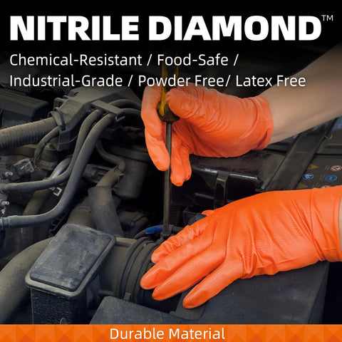 Hands wearing 8 Mil Nitrile Powder Free Gloves Diamond Textured Heavy Duty Orange 100Pcs working on car engine
