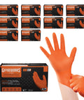 Orange Nitrile Industrial Gloves 8 Mil Latex Free Raised Diamond Texture XXL with box packaging and glove close-up