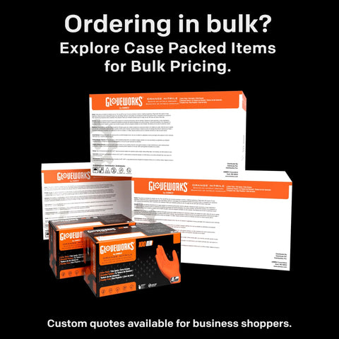 Bulk packaging for Orange Nitrile Industrial Gloves 8 Mil Latex Free Raised Diamond Texture XXL shown in boxes.