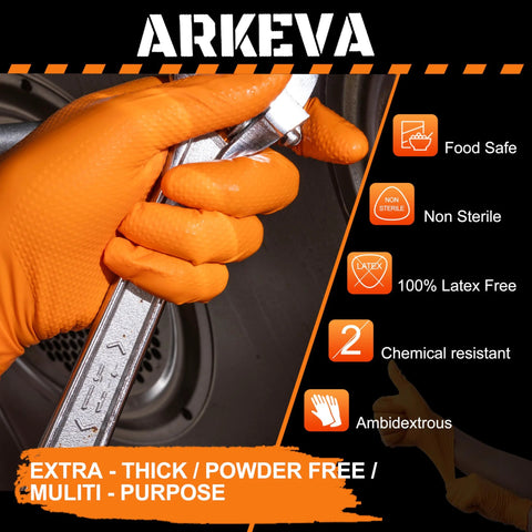 Close-up of 8 Mil Nitrile Disposable Gloves Latex Free With Diamond Texture Tear Resistant gripping a wrench