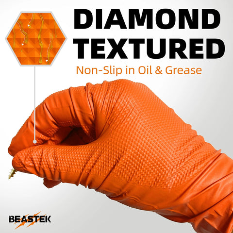 Close-up of diamond textured orange glove gripping bolt, showcasing 8 Mil Nitrile Powder Free Gloves Diamond Textured Heavy Duty Orange 100Pcs.