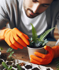 Person wearing 8 Mil Nitrile Disposable Gloves Latex Free With Diamond Texture Tear Resistant while gardening with potted plants.