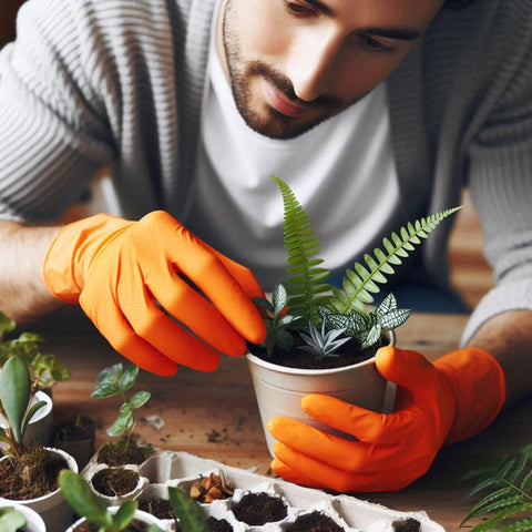 Person wearing 8 Mil Nitrile Disposable Gloves Latex Free With Diamond Texture Tear Resistant while gardening with potted plants.