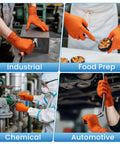 8 Mil Nitrile Disposable Gloves Heavy Duty Mechanic Large 100 Count Powder Free in industrial, food prep, chemical, and automotive use scenes.