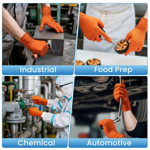 8 Mil Nitrile Disposable Gloves Heavy Duty Mechanic Large 100 Count Powder Free in industrial, food prep, chemical, and automotive use scenes.