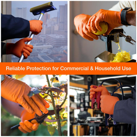 Mechanics wearing Orange Nitrile Disposable Latex Free Gloves Raised Diamond Grip Medium for various tasks, including cleaning and handling tools.