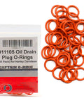 Orange O Ring Replacement For Oil Drain Plugs Number 11105, 50 Pack in plastic bag next to loose rings on white background