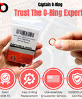 Orange O Ring Replacement For Oil Drain Plugs Number 11105, 50 Pack, in hand with packaging label showing product details.