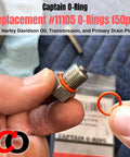 Orange O Ring Replacement For Oil Drain Plugs Number 11105, 50 Pack, in use on engine component with packaging