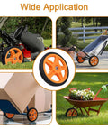 Collage showing 14 Inch Lawn Mower Wheels for Push Mowers in various applications like lawn cart and wheelbarrow