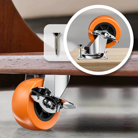 Close-up of 2 Inch Casters With Side Brake Set Of 8 Orange Polyurethane Swivel Plate Wheels installed on workbench, with screw detail.