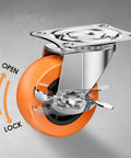 Close-up of 2 Inch Casters With Side Brake Set Of 8 Orange Polyurethane Swivel Plate Wheels showcasing the locking mechanism.
