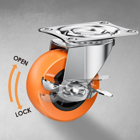 Close-up of 2 Inch Casters With Side Brake Set Of 8 Orange Polyurethane Swivel Plate Wheels showcasing the locking mechanism.