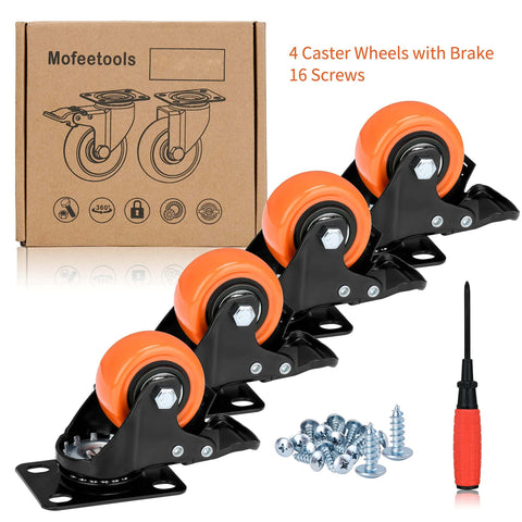 2 inch heavy duty caster wheels set of 4 with locking brakes orange polyurethane top plate swivel casters rated 600 lb
