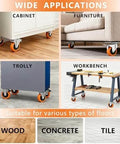 Wide applications of 2 Inch Heavy Duty Locking Caster Wheels Set of 4, Orange Polyurethane Swivel Plate Casters with Brake on furniture and workbenches