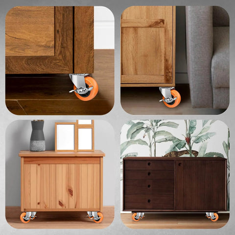 2 Inch Casters With Side Brake Set Of 8 Orange Polyurethane Swivel Plate Wheels installed under wood cabinets and furniture