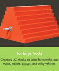 Heavy Duty Wheel Chock For 27 To 32 Inch Tires For Semi Trucks And Trailers, 20,000 Lb Load Capacity, Made In The USA, Durable Polyurethane, UCTS003 Checkers, side view.