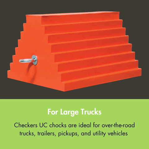 Heavy Duty Wheel Chock For 27 To 32 Inch Tires For Semi Trucks And Trailers, 20,000 Lb Load Capacity, Made In The USA, Durable Polyurethane, UCTS003 Checkers, side view.