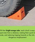 Heavy Duty Wheel Chock For 27-35 Inch Tires With 30,000 Lb Load Capacity, Polyurethane Build, Made In The USA, Durable Trailer Wheel Chock For Semi Trucks, Utility And Tractor Trailers UC1700 in bright orange securing a tire on pavement.
