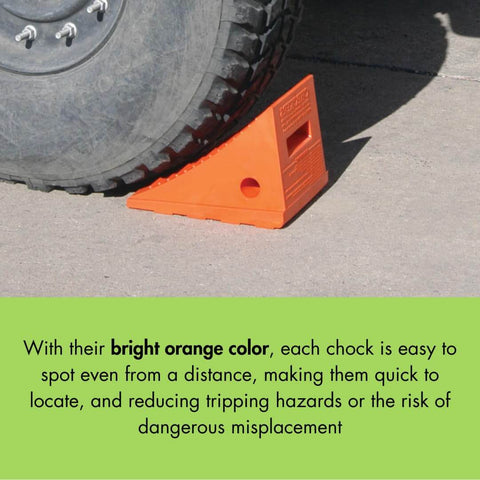 Heavy Duty Wheel Chock For 27-35 Inch Tires With 30,000 Lb Load Capacity, Polyurethane Build, Made In The USA, Durable Trailer Wheel Chock For Semi Trucks, Utility And Tractor Trailers UC1700 in bright orange securing a tire on pavement.
