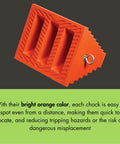 Heavy Duty Wheel Chock For 27 To 32 Inch Tires For Semi Trucks And Trailers, 20,000 Lb Load Capacity, Made In The USA, Durable Polyurethane, UCTS003 Checkers, shown in bright orange with a metal ring