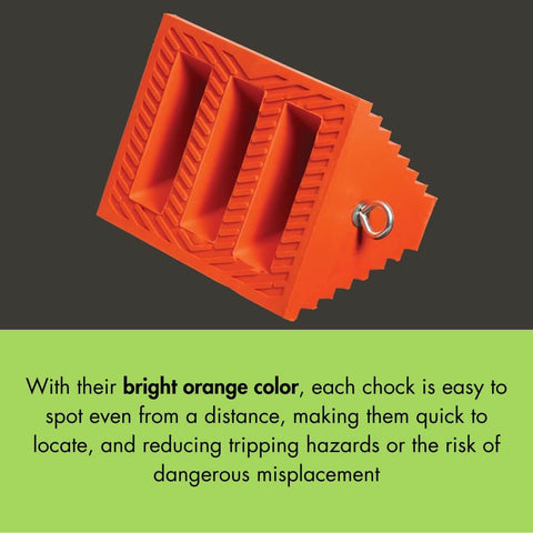Heavy Duty Wheel Chock For 27 To 32 Inch Tires For Semi Trucks And Trailers, 20,000 Lb Load Capacity, Made In The USA, Durable Polyurethane, UCTS003 Checkers, shown in bright orange with a metal ring