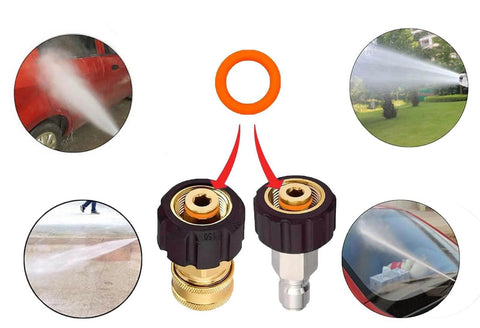 Quarter Inch Pressure Washer Quick Connect O Rings Kit 100 Pack Orange Seals For Quarter Inch M22 Quick Connect Fittings Replacement Gaskets Heavy Duty Pro Grade displayed with usage example on pressure washer fittings and sprays