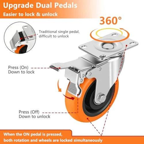 2 Inch Heavy Duty Locking Caster Wheels Set of 4 featuring orange polyurethane swivel plate casters with easy-to-use brake system.