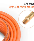 Three Eighth Inch PVC Air Hose Kit 25 Foot With Seventeen Piece Accessory Set Featuring Solid Brass Ends And Dual One Quarter MNPT Connectors For DIY Home Shop Use Providing Flexible Durable Air Supply For Compressors And Tools.