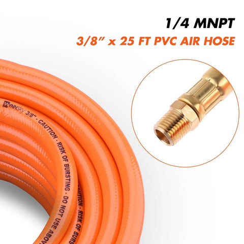 Three Eighth Inch PVC Air Hose Kit 25 Foot With Seventeen Piece Accessory Set Featuring Solid Brass Ends And Dual One Quarter MNPT Connectors For DIY Home Shop Use Providing Flexible Durable Air Supply For Compressors And Tools.