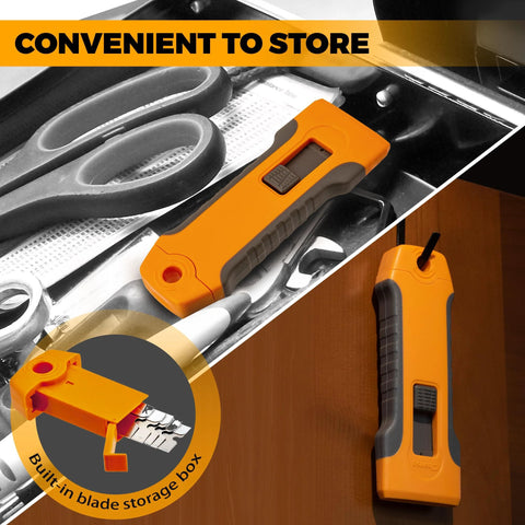 Razor Blade Scraper Tool With 15 Extra Blades for Glass Cleaning, non scratching durable handle in drawer with scissors.