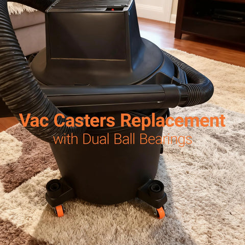 Replacement Casters Set Of 4 For Wet Dry Vacuums, 2 Inch Stem, shown installed on vacuum, orange wheels, 360 degree swivel.